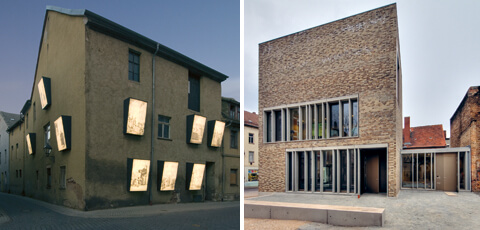 Fotos: IBA-Büro GbR/D. Ritzau Perforieren: Eisleben kämpft mit Leerstand und Verfall im historischen Kern. Die Stadt geht das Thema offensiv an – teils mit Abriss und Neubau wie beim Besucherzentrum bei Martin Luthers Geburtshaus, teils mit Zwischenlösungen wie den hinterleuchteten „Showfenstern“ mit Luthermotiven an einem leeren Haus.