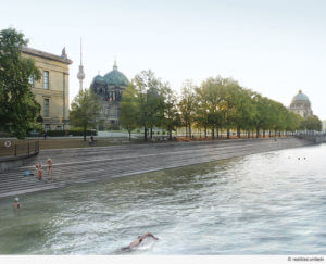 Zum Kraulen schön: Rendering der Flussbad-Initiative mit Schinkels Altem Museum, dem Dom und der künftigen Schlosskuppel