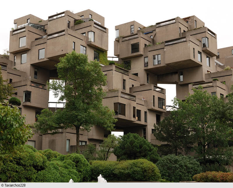 Habitat 67 heißt der berühmte, von Moshe Safdie in den Jahren 1966 bis 1967 entworfene Wohnhauskomplex in Montreal. (Foto: Taxiarchos228)