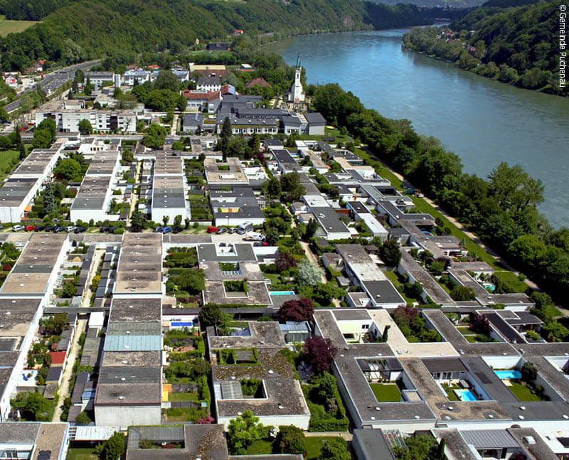 Luftbild von Hofhaus-Siedlung