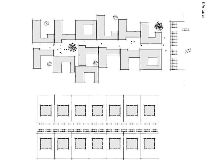 Zeichnung Vergleich Hofhaus und Einfamilienhaus