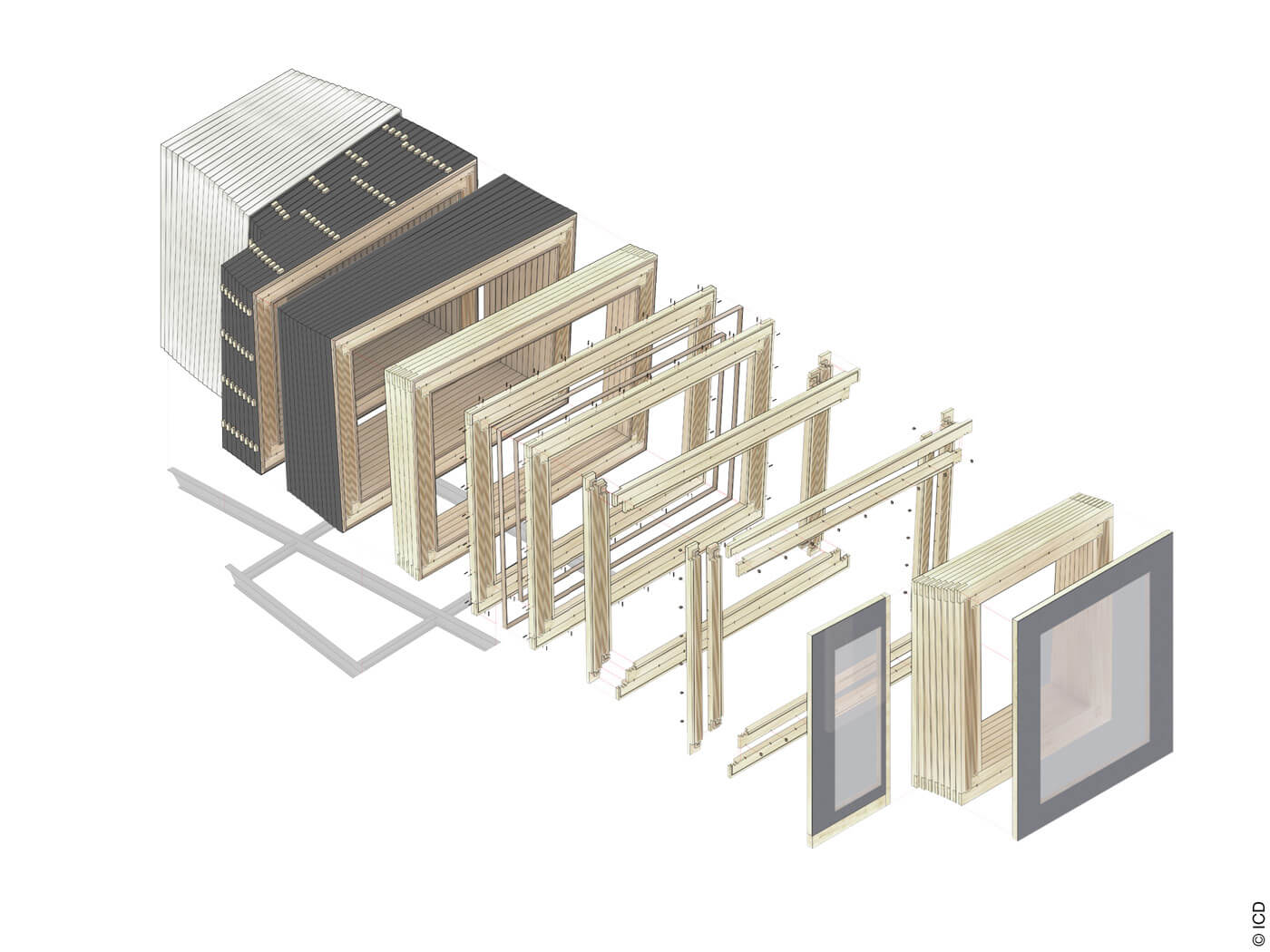 Grafik zum Aufbau des Timber Prototype House aus seinen Elementen