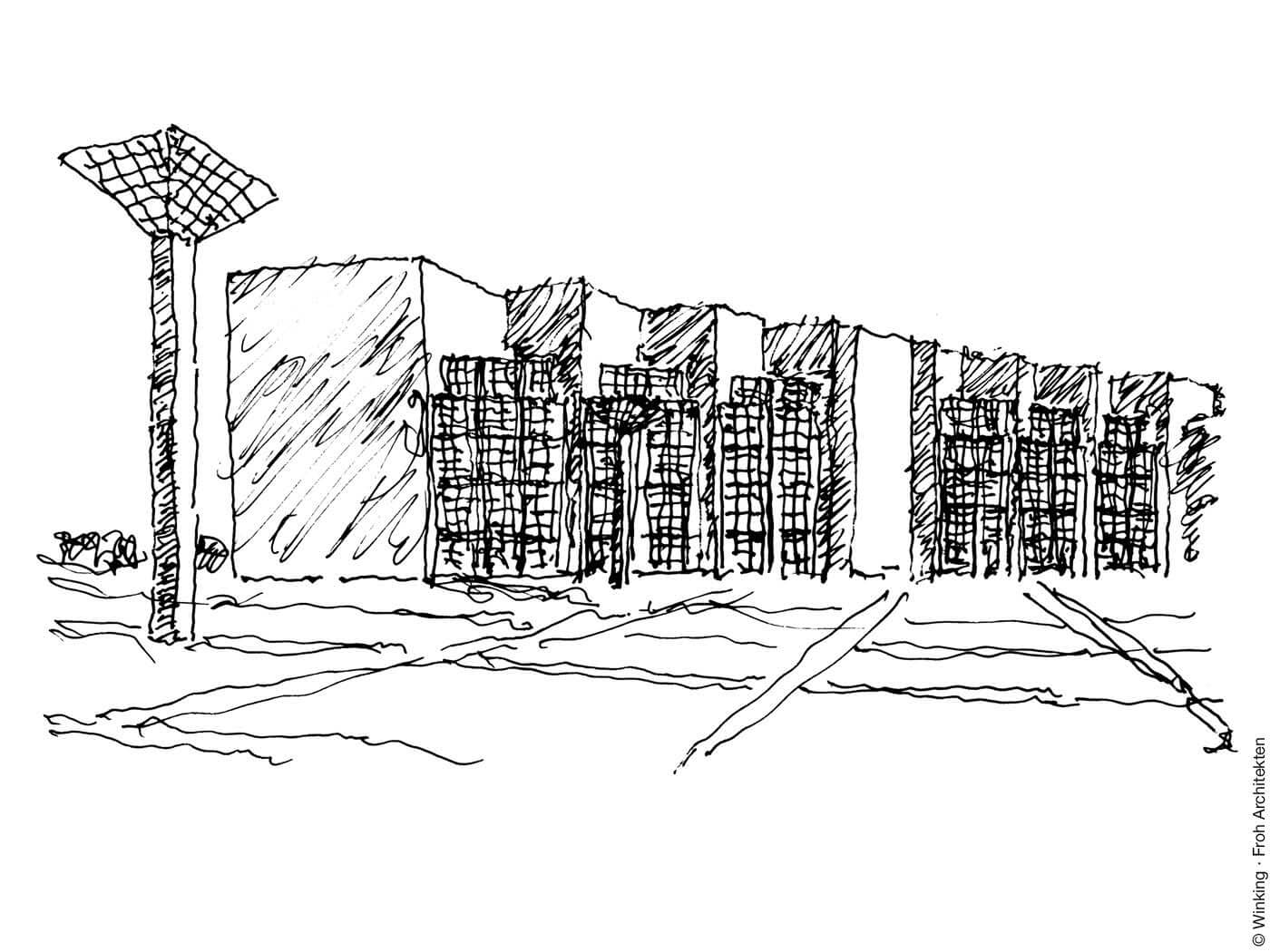 Zeichnung von Bernhard Winking: Arne Jacobsen, Rathaus, Mainz