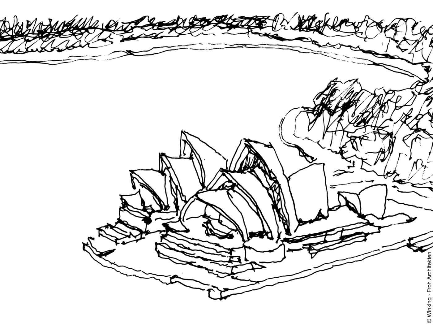 Zeichnung von Bernhard Winking: Jørn Utzon, Sydney Opera House, Sydney