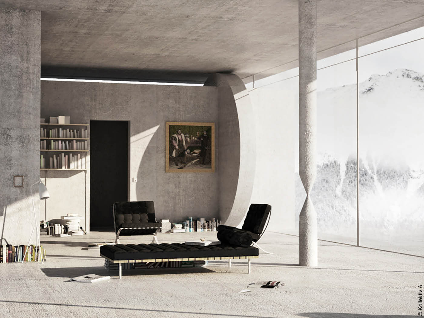 Rendering Wohnzimmer mit viel Beton