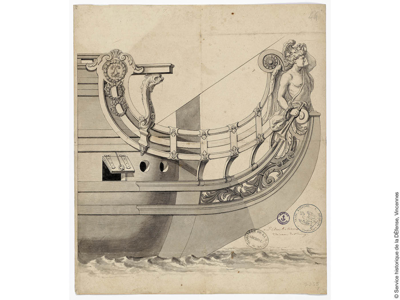 Zeichnung historisches Schiff mit Galionsfigur