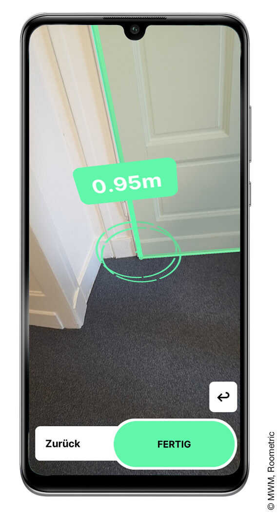 Smartphone mit dreidimensionaler Vermessungsapp