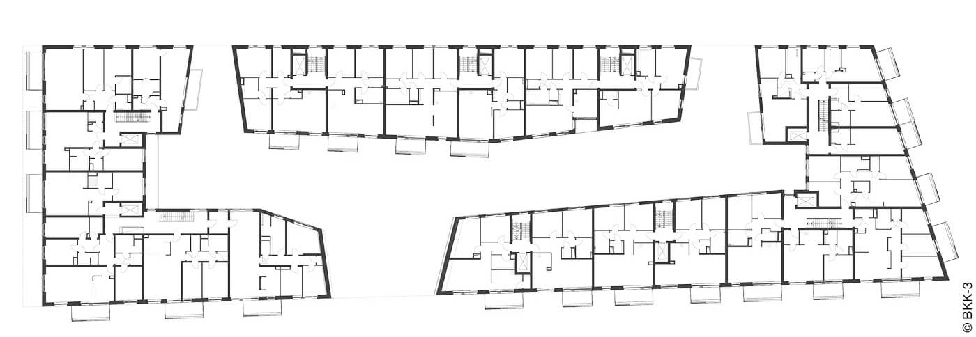 Grundriss von drei Baukörpern im Wohnungsbau
