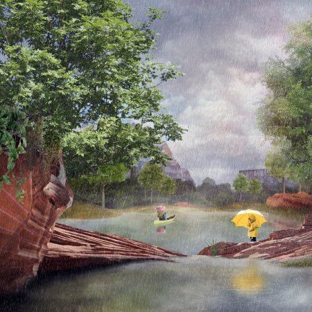 Überfluteter Park im Regen
