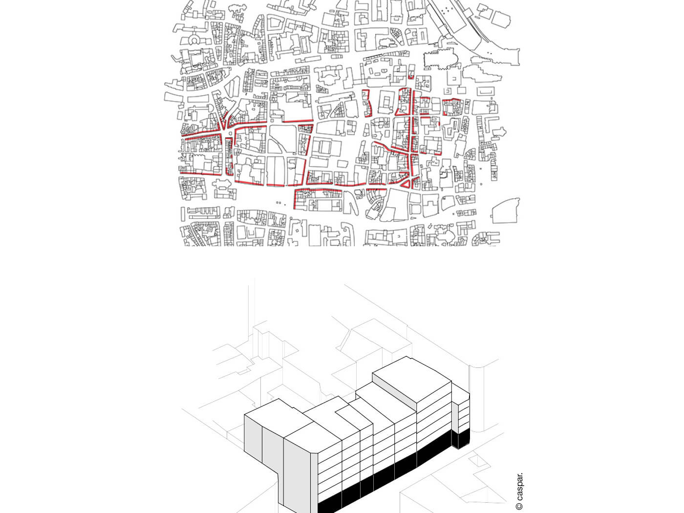 Stadtplan mit rot markierten Erdgeschosszonen