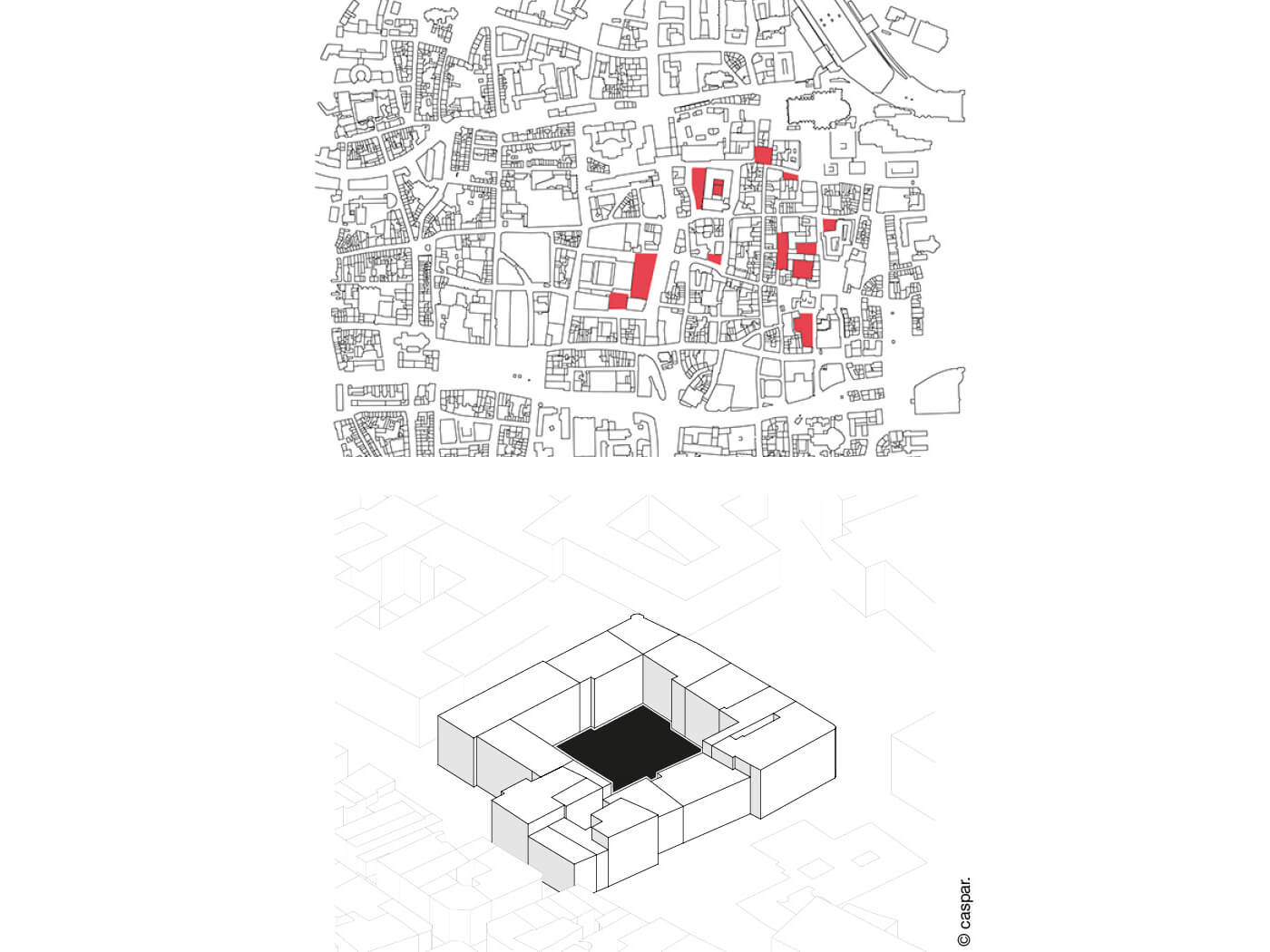 Stadtplan mit rot markierten Innenhöfen