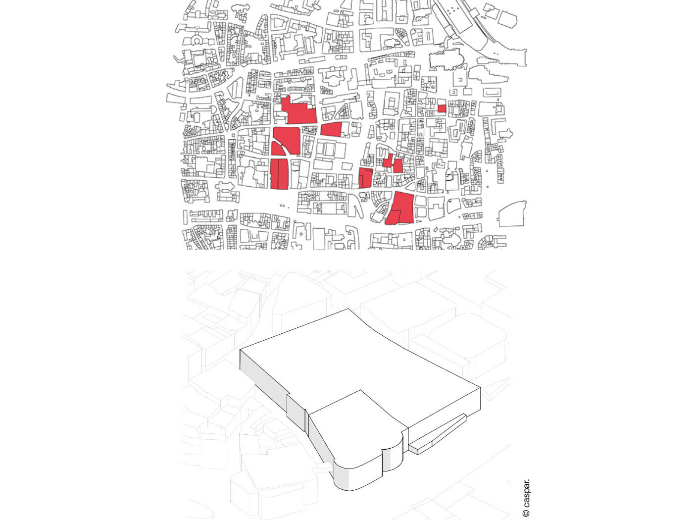 Stadtplan mit rot markierten monofunktionalen Blöcken