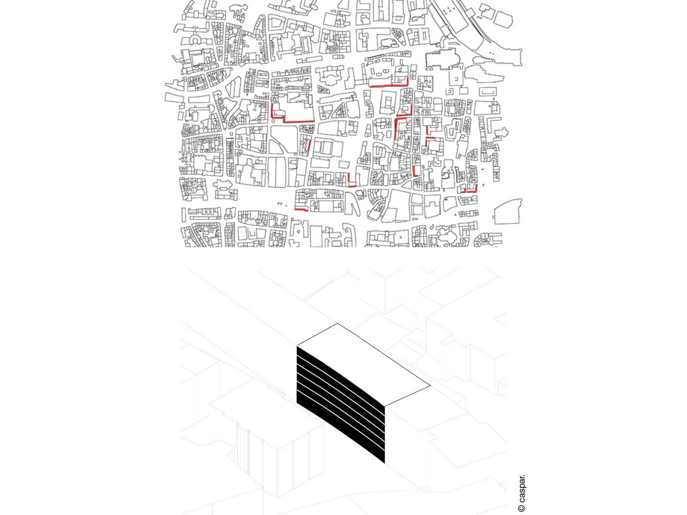 Stadtplan mit rot markierten monofunktionalen Gebäuden