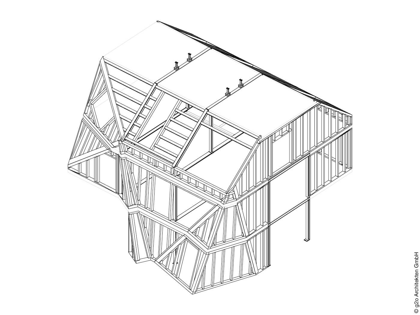 Skizze der Holzkonstruktion des Stuttgarter Wohnhauses