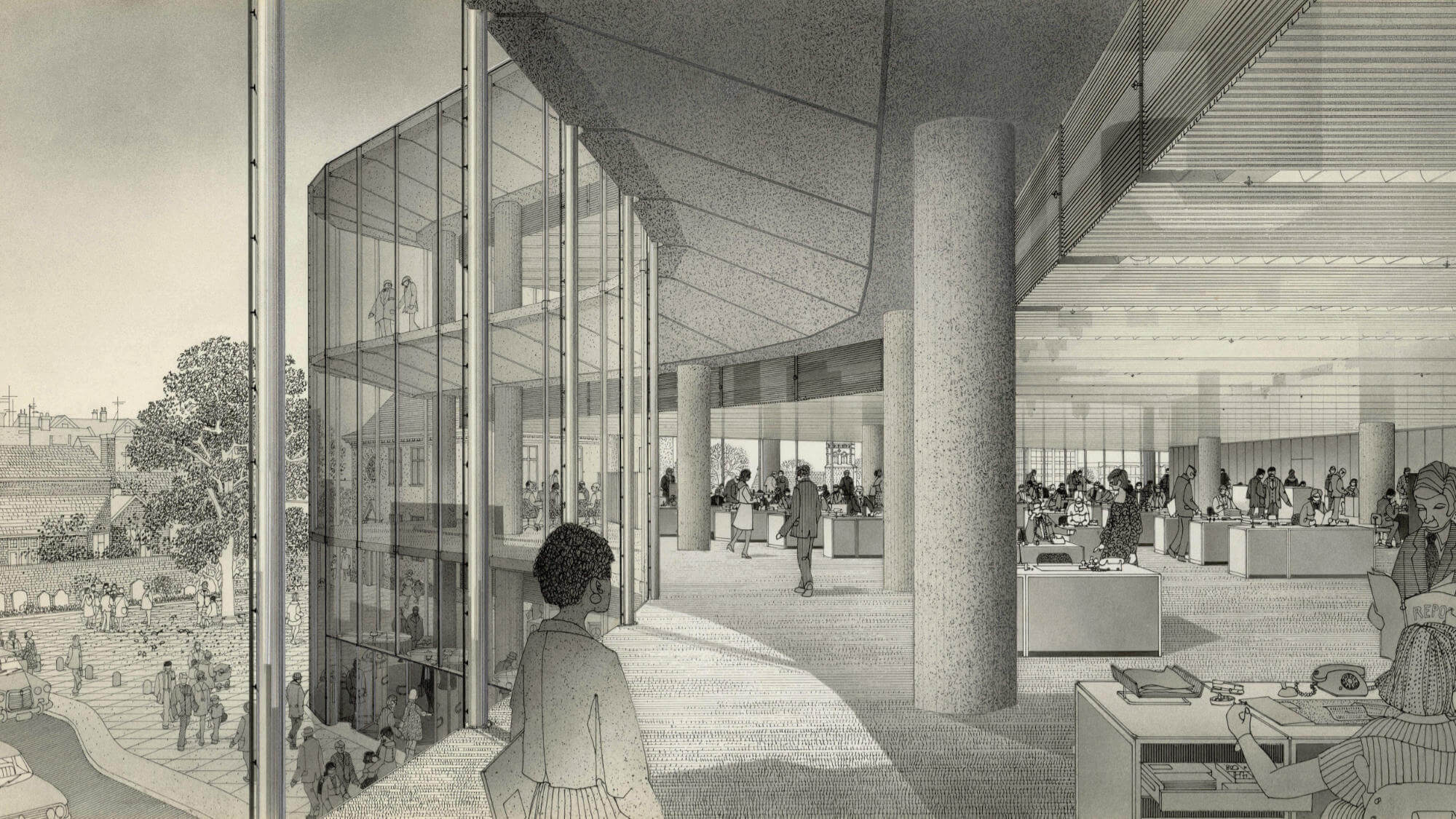Architekturzeichnung Großraumbüro mit Glasfassade