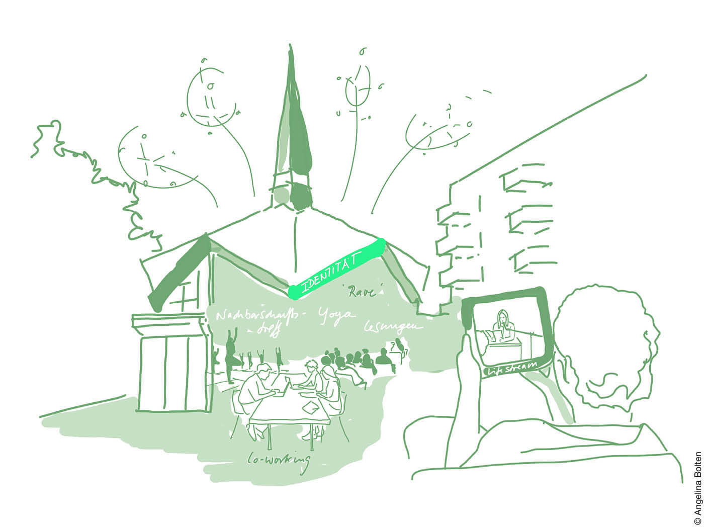 Zeichnung Kapelle mit Besuchern