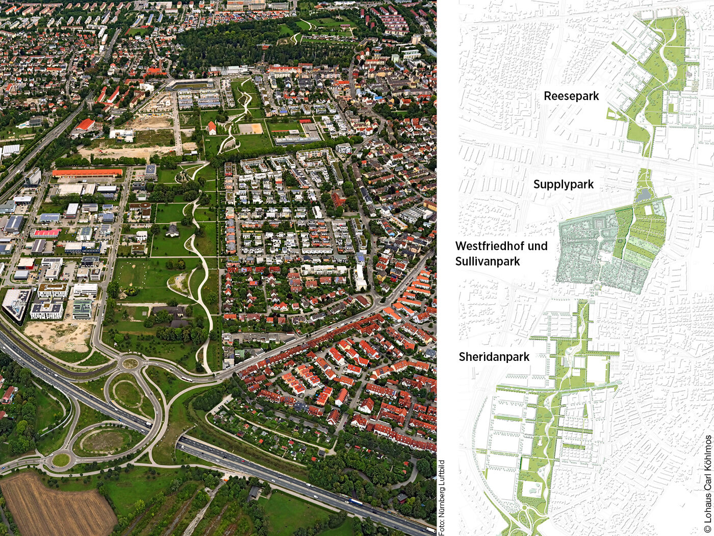 Plan und Foto des Augsburger Westparks