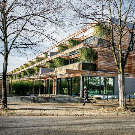 Gebäude der Baugemeinschaft StadtNatur mit hölzerner Fassade und Balkonbegrünung