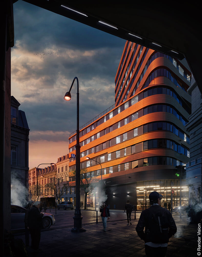 Rendering Innenstadt bei Sonnenuntergang