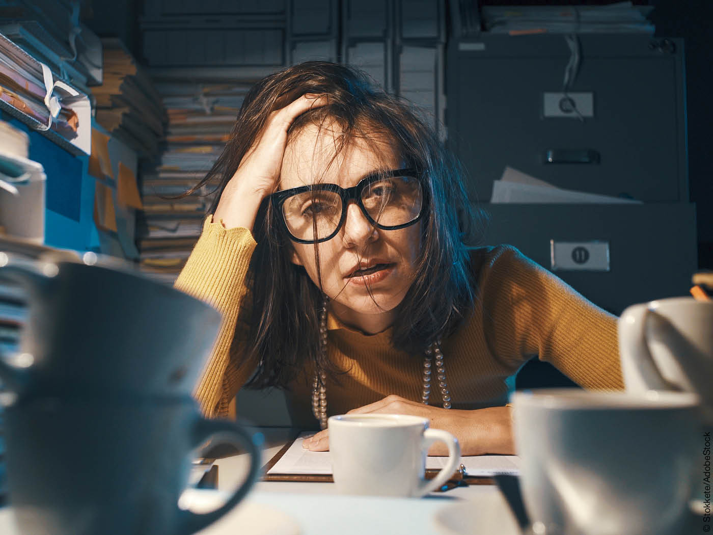 Übermüdete Frau, nachts zwischen Papieren und Kaffeetassen am Schreibtisch