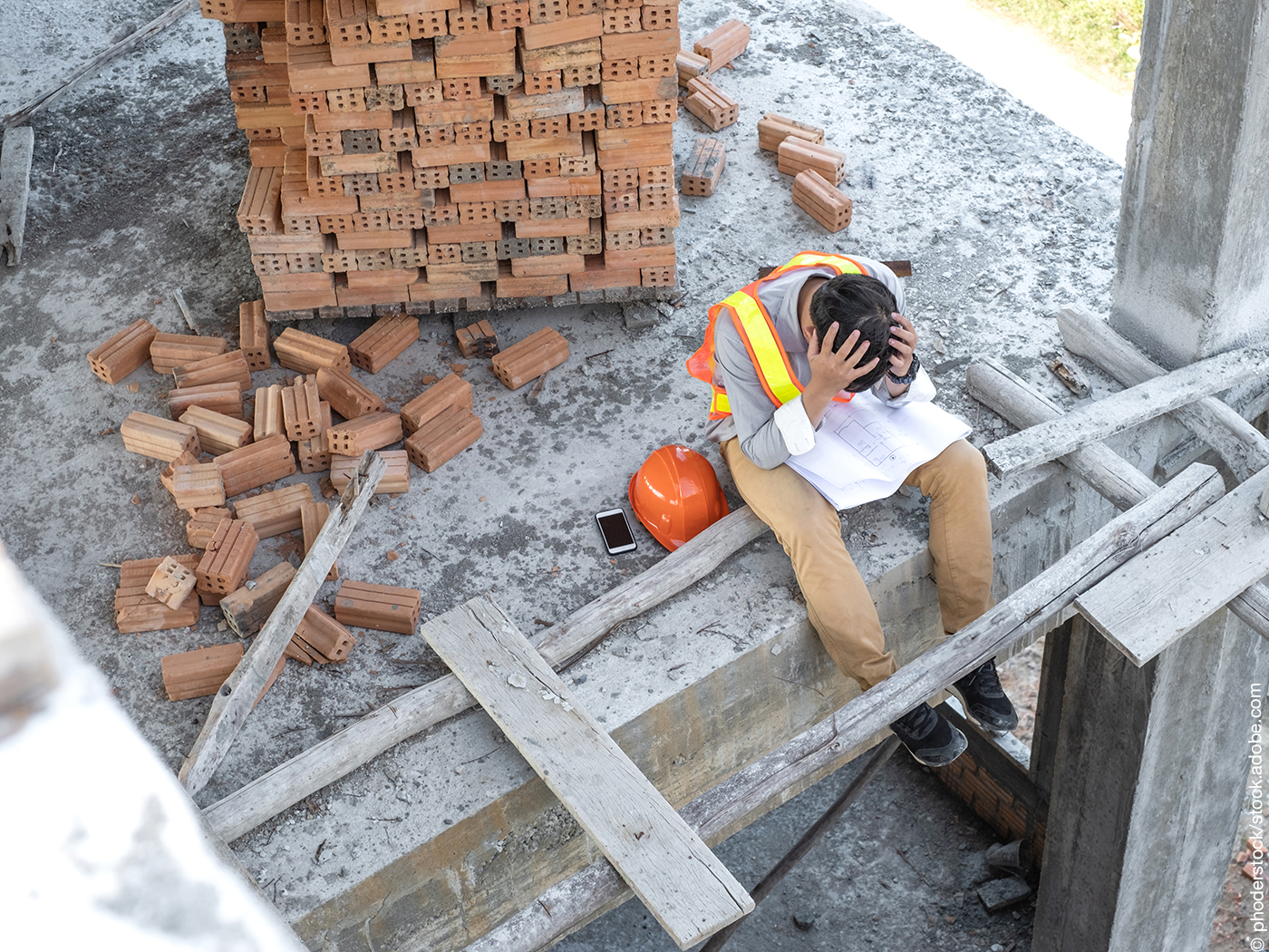 Ein verzweifelter Architekt beugt sich auf einer Baustelle über seinen Plan.