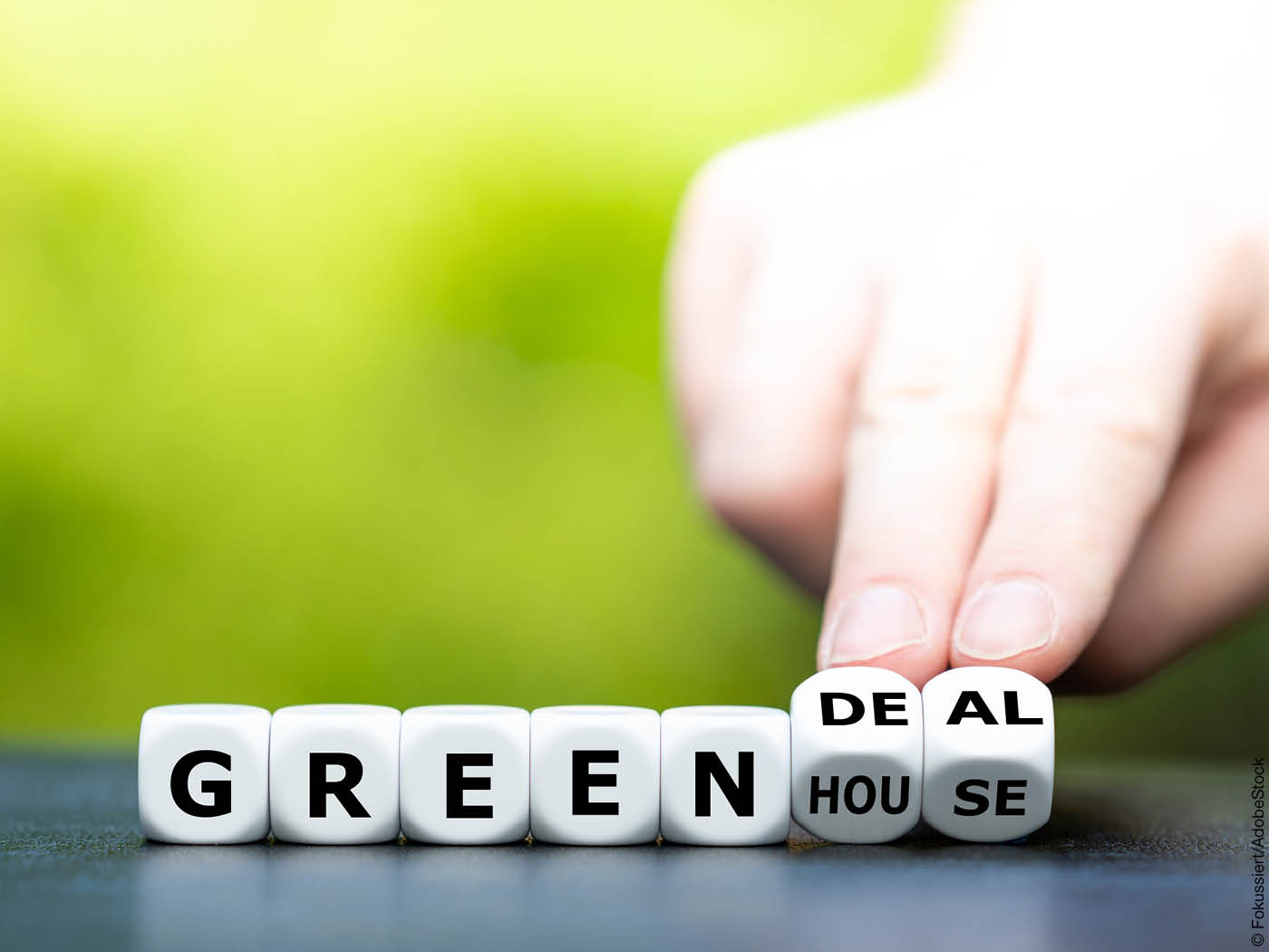 Buchstaben auf Würfelseiten, aus dem Wort "Greenhouse" wird "Green Deal"