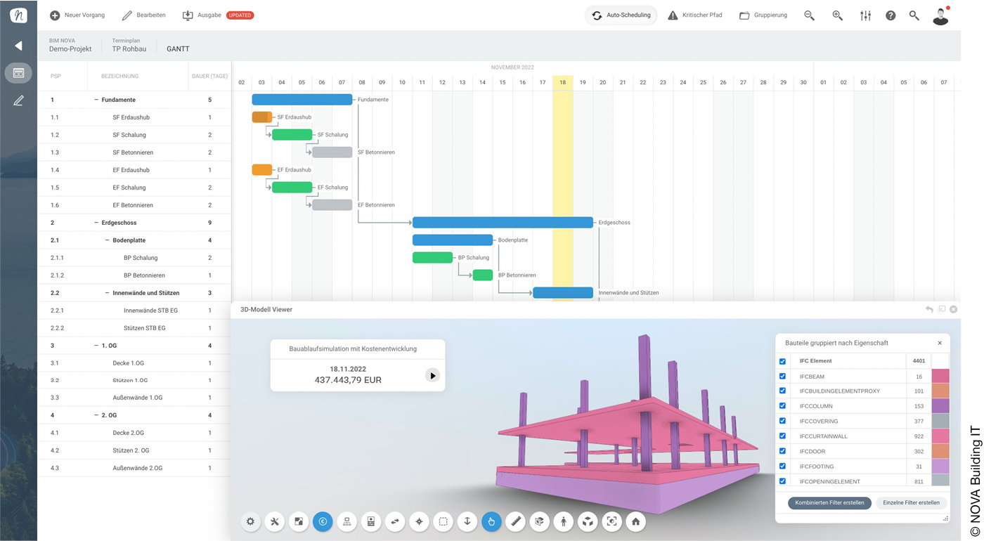 Screenshot der Software NOVA AVA mit Bauzeitendiagramm und Gebäudemodell