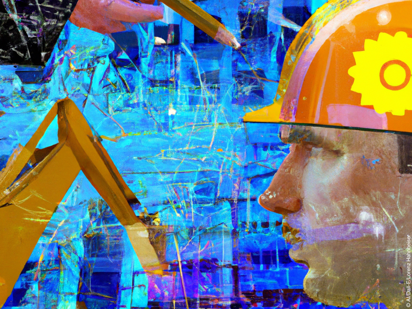 Eine Hand mit Stift, der Arm eines Baggers und ein männlicher Kopf mit Bauarbeiter-Helm, im Hintergund die Anmutung einer Hausfassade. Das Bild hat eine Künstliche Intelligenz erstellt. 