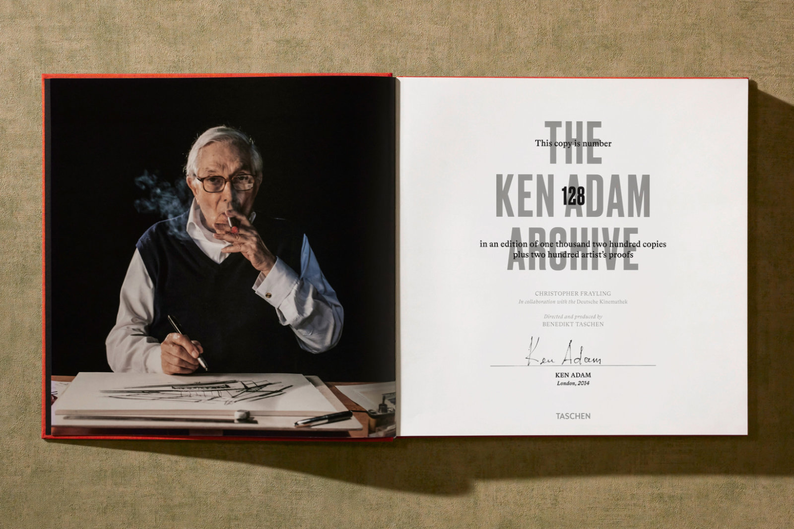 Buchseite aus The Ken Adam Archive mit Portrait und Autogramm