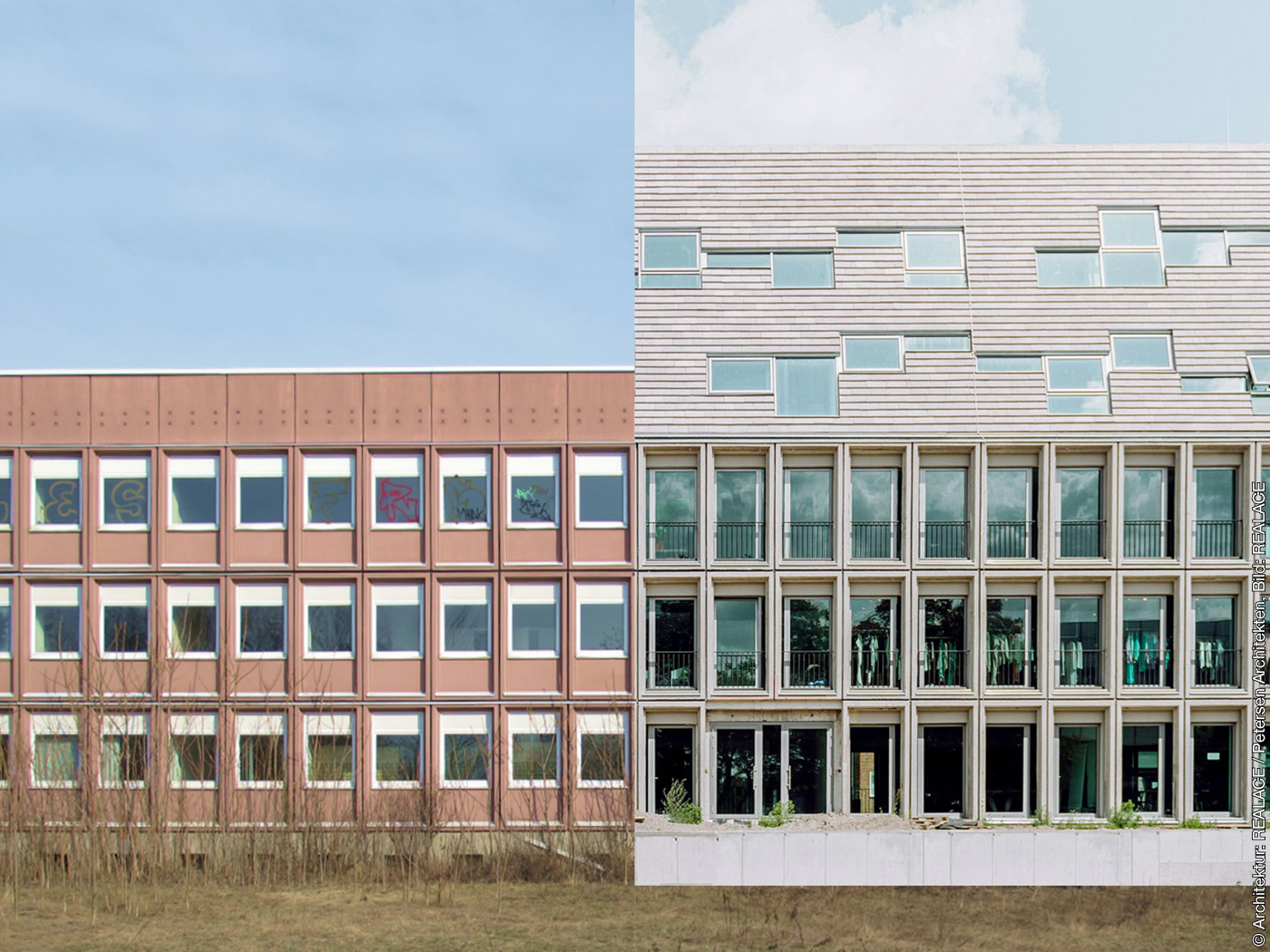 Fassade eines DDR-Plattenbaus vor und nach der Sanierung