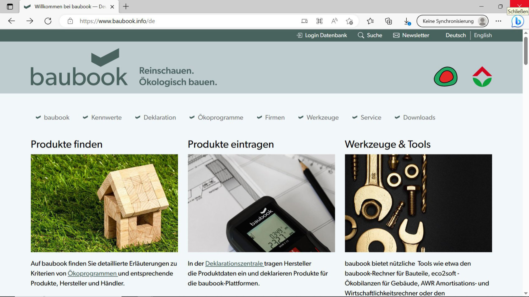 Website der Baustoffdatenbank Baubook