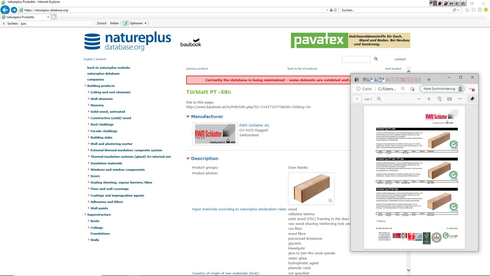 Website der Baustoffdatenbank Natureplus