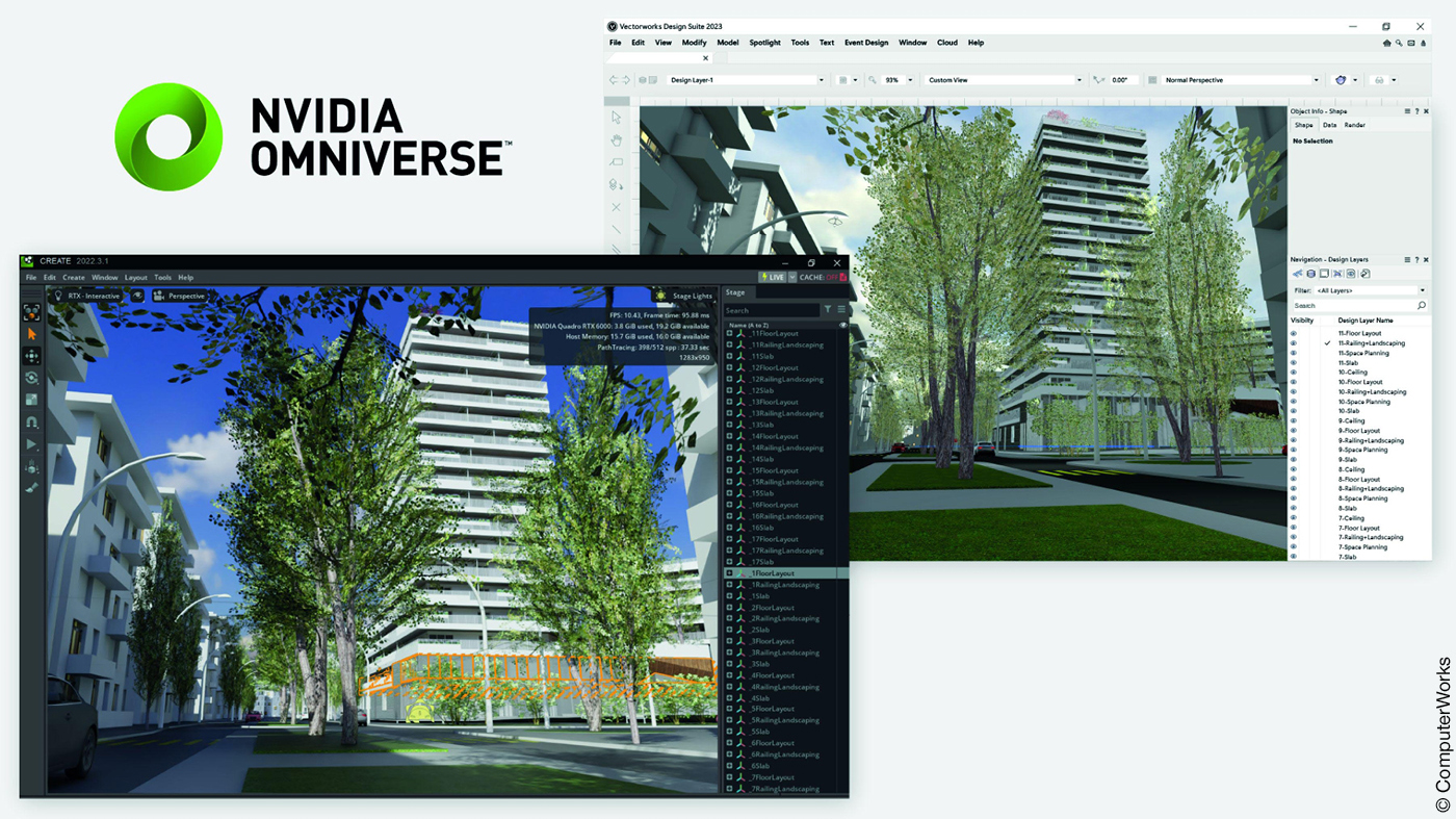 Screenshot 3D-Modell Hochhaus mit Bäumen