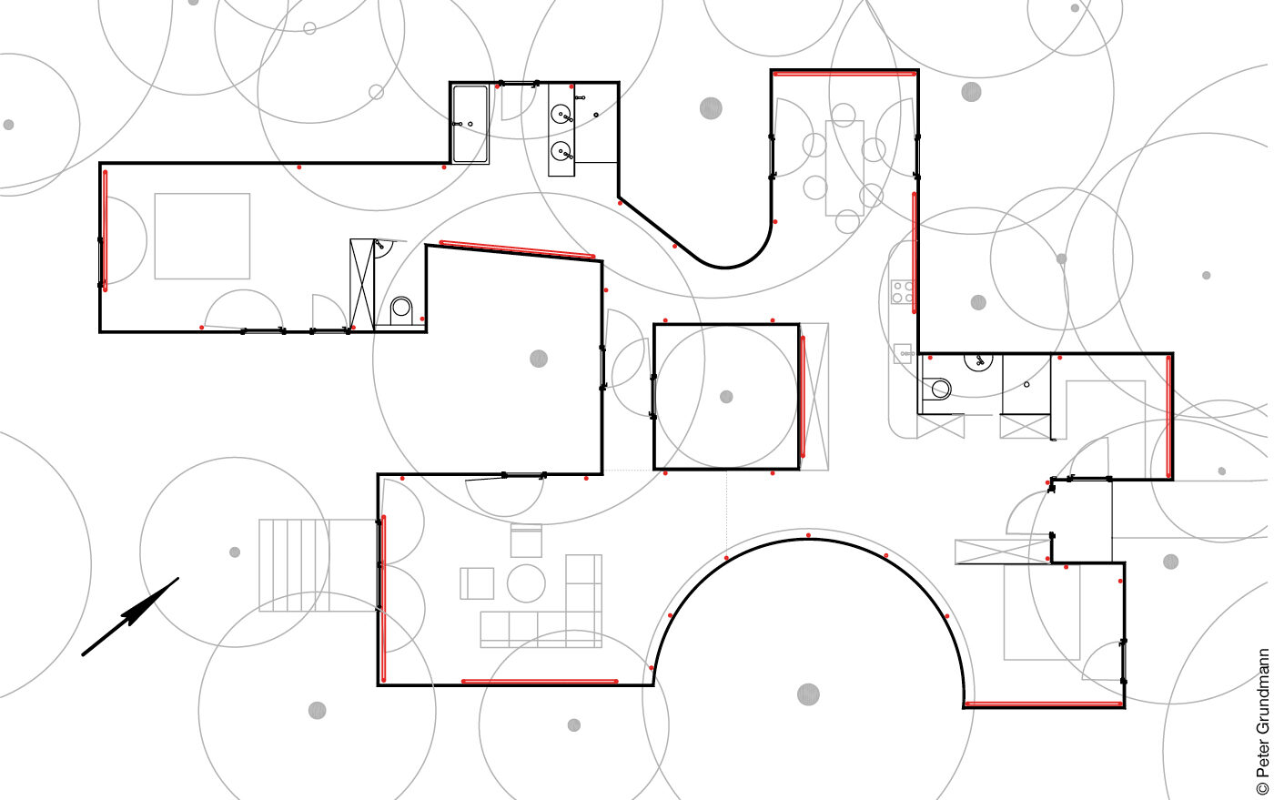 Grundriss verwinkeltes Wohnhaus zwischen Bäumen