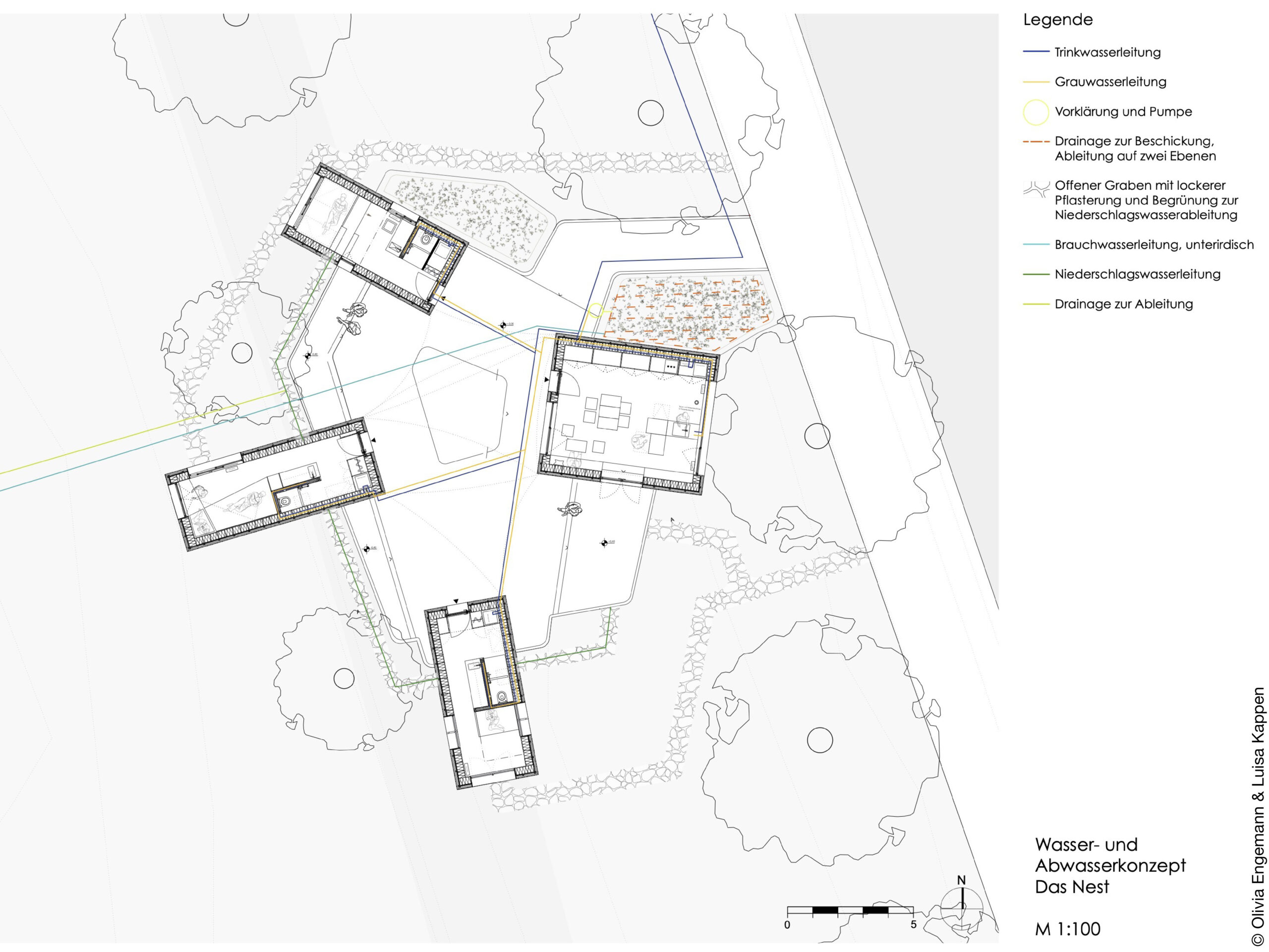 Lageplan mit Grundriss und Bäumen