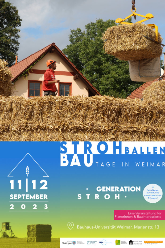 Baustelle mit Strohballen an Kran
