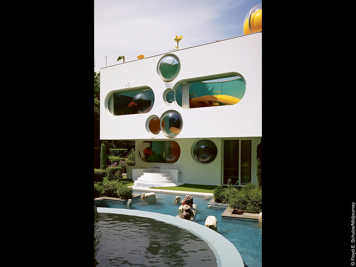 KI-generierte Villa mit Wasserbecken und runden Fenstern