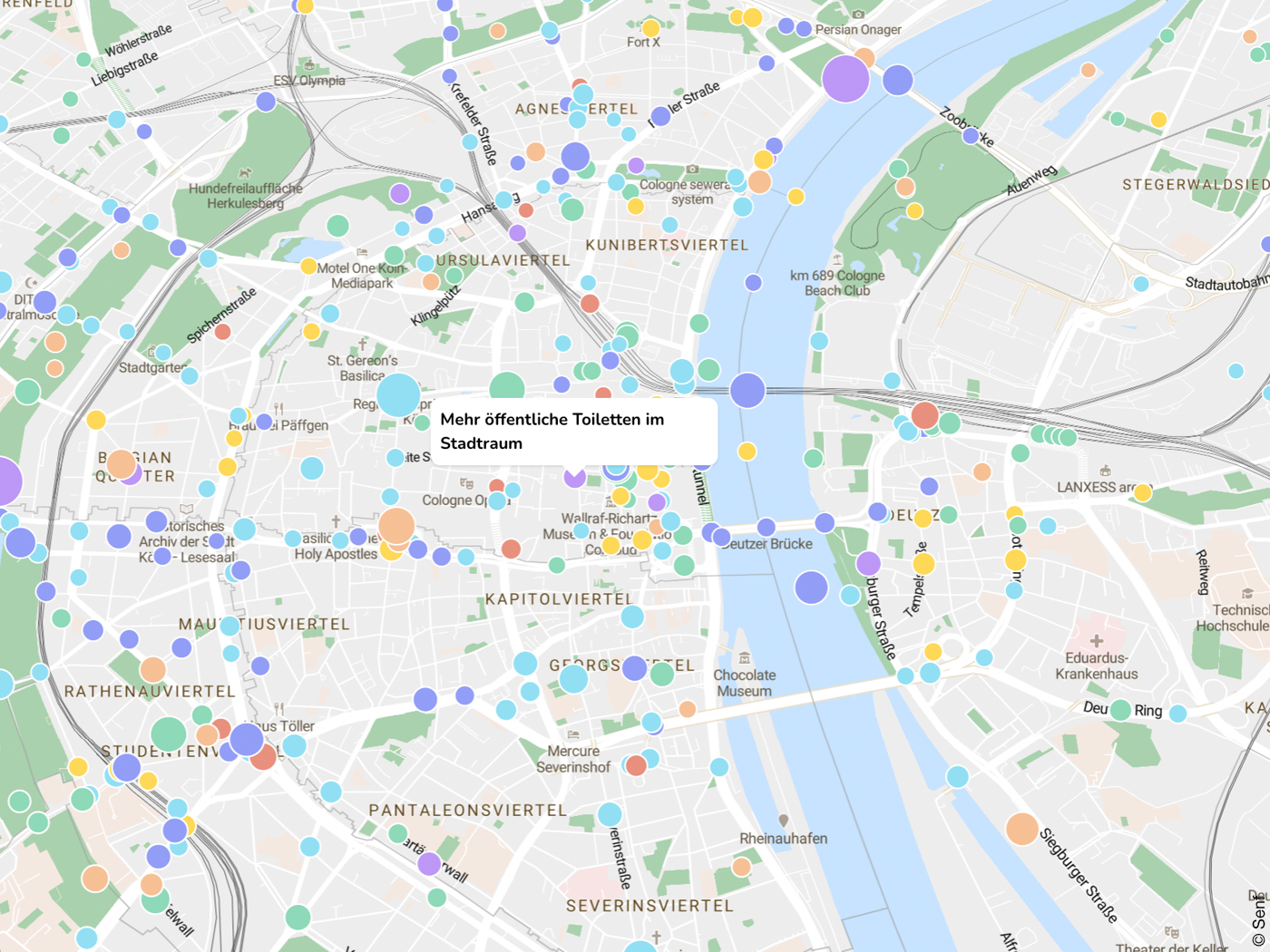 Karte von Köln mit Punkte Punkten darauf
