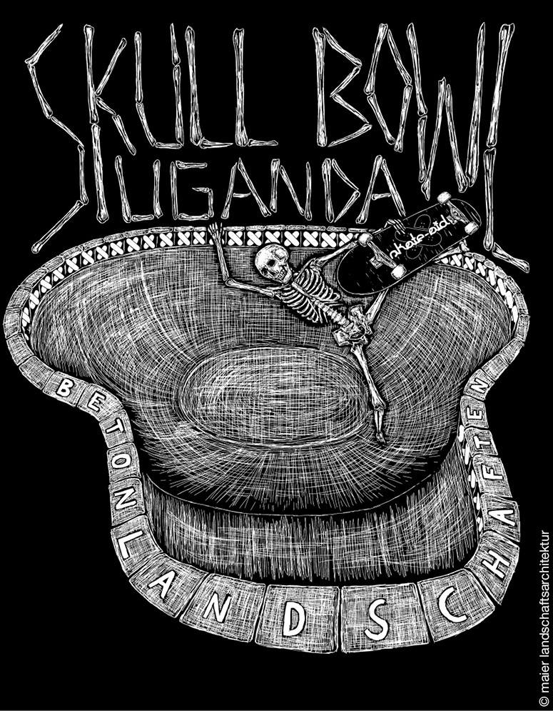 Zeichnung einer Skull Bowl mit einem Skelett auf dem Skateboard