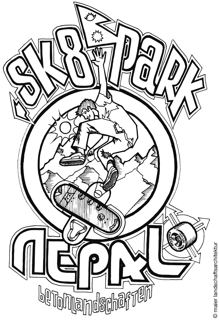 Logo eines Skate-Parks in Nepal mit Junge auf Skateboard