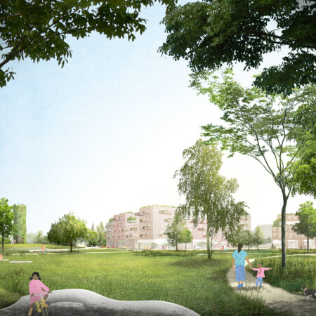 Das Foto zeigt eine Grünanlage mit Wohnhäusern, Kindern und Erwachsenen.