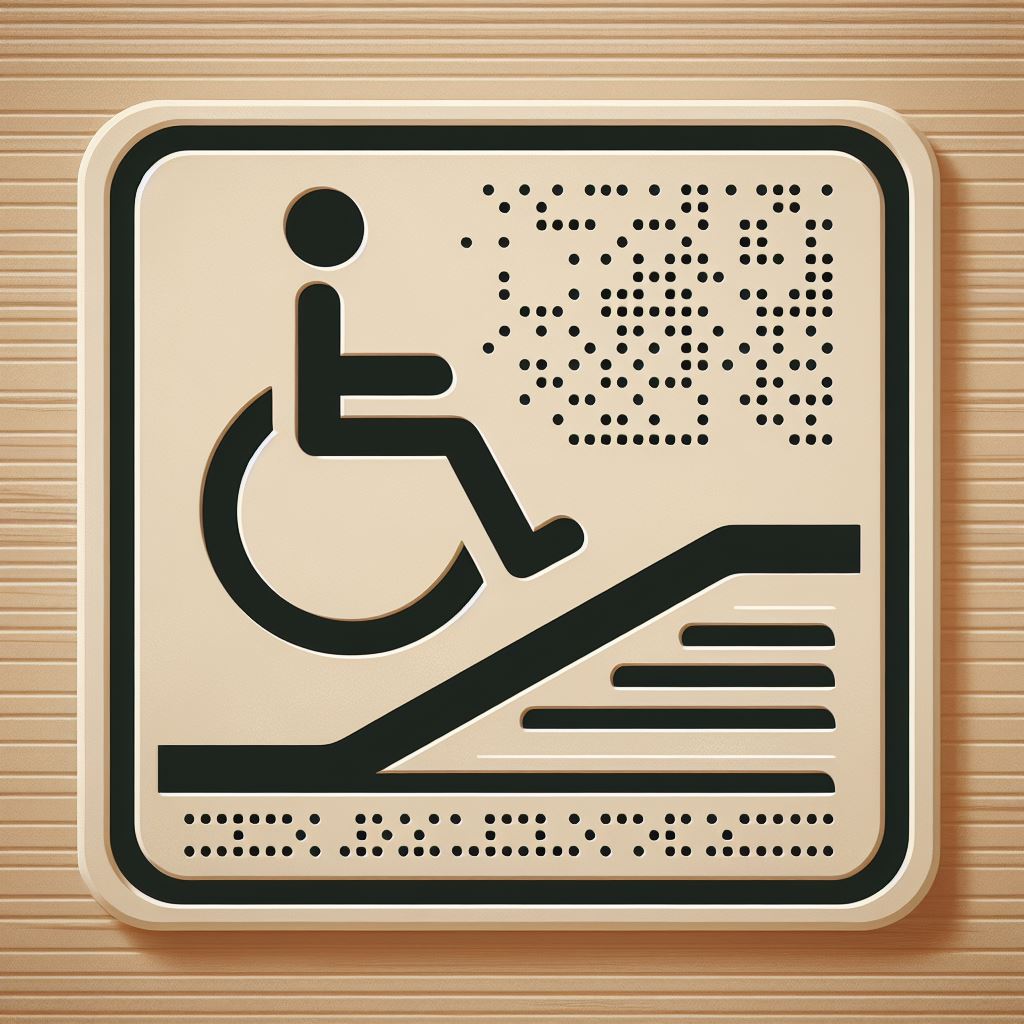 Piktogramm mit Rollstuhl, Rampe und Blindenschrift
