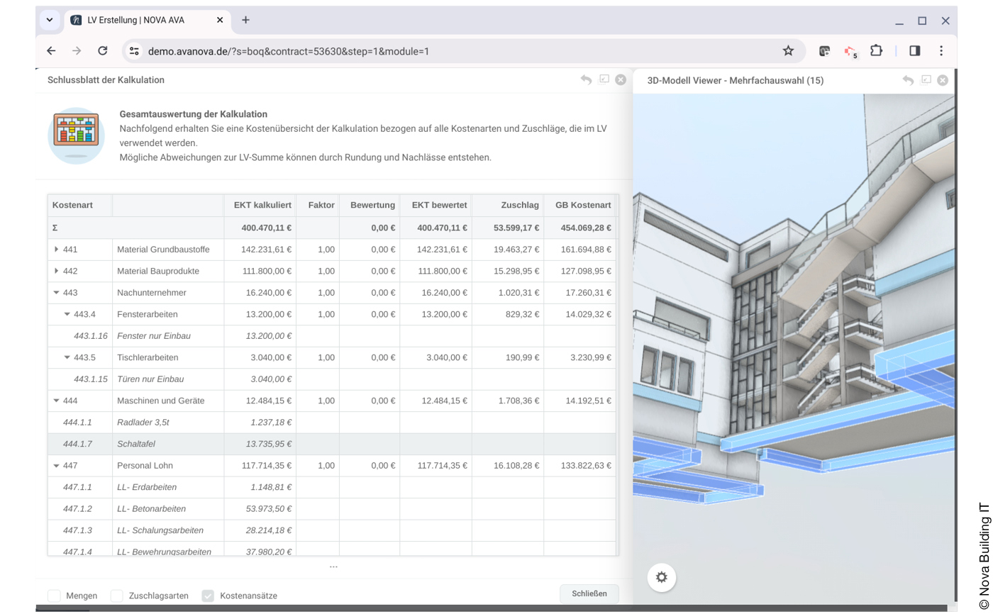 Screenshot von Nova AVA, Visualisierer von Kostenkomponenten