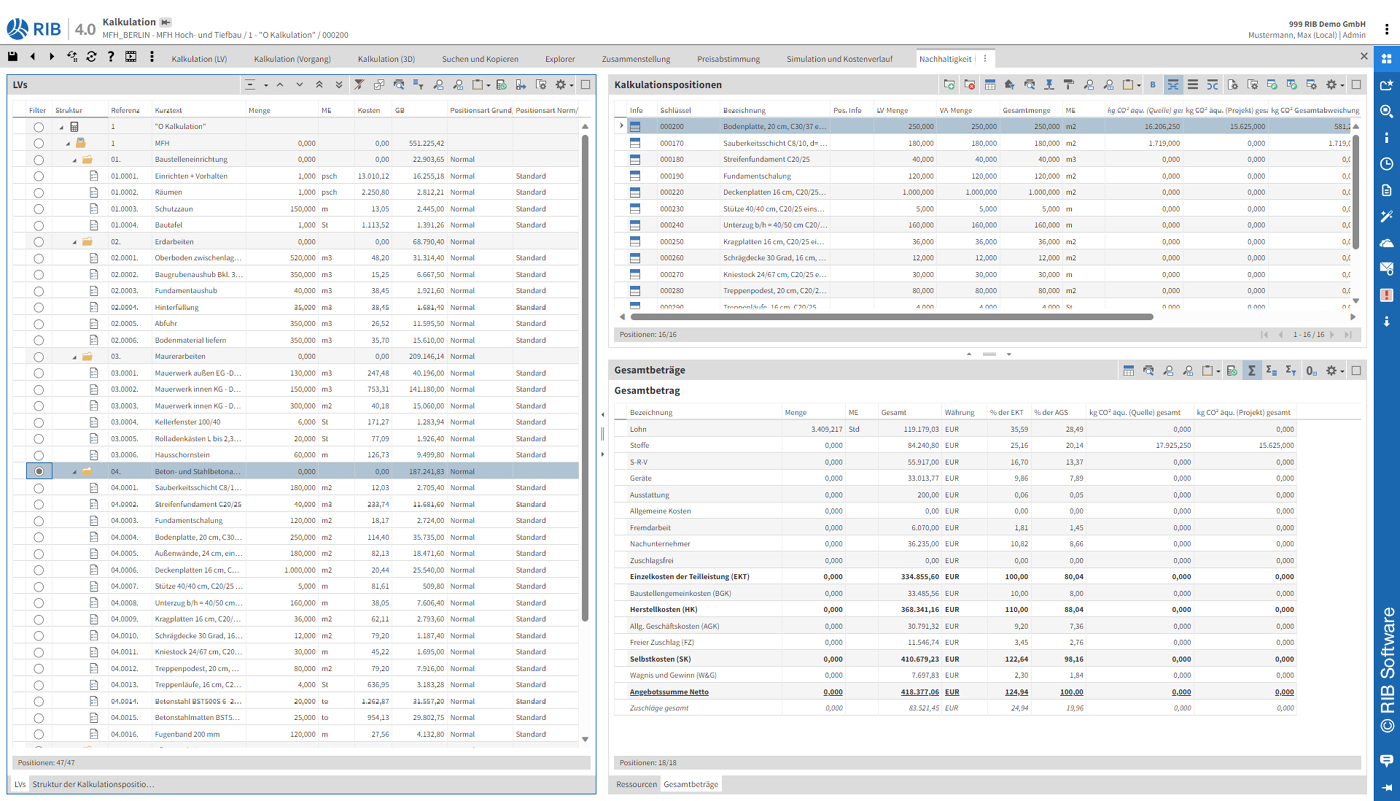 Screenshot des Carbon Calculator der RIBSoftware