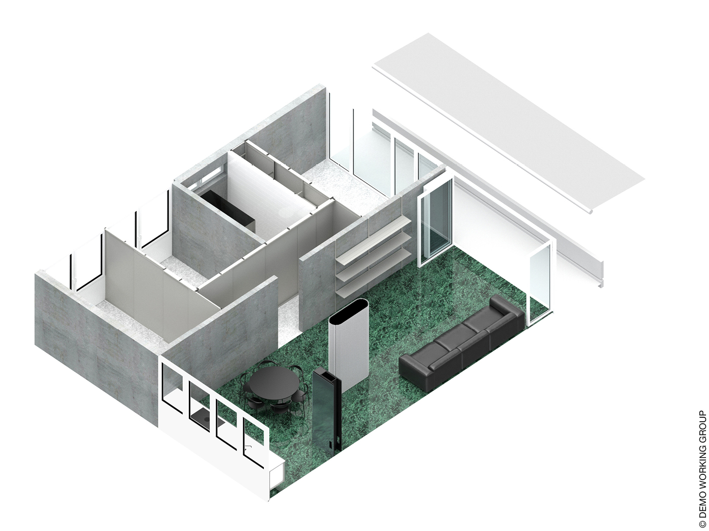 3D-Darstellung einer Wohnung mit großem Wohnzimmer und kleinen Räumen