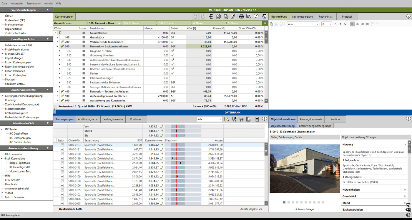 Screenshot des neuen BKI-Baukostenplaners mit mehreren Tabellen