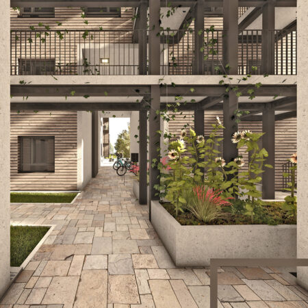 Rendering eines Wohngebäudes aus Holzmodulen