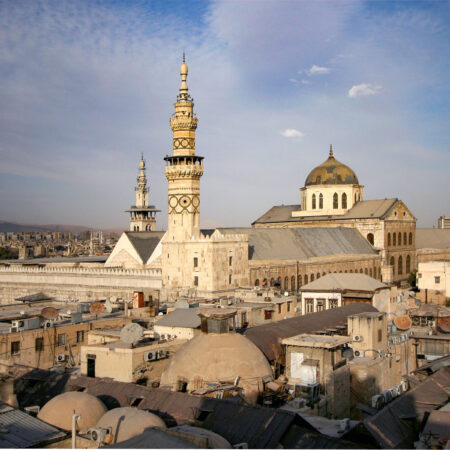 Moschee mit Minaretten über Hausdächern