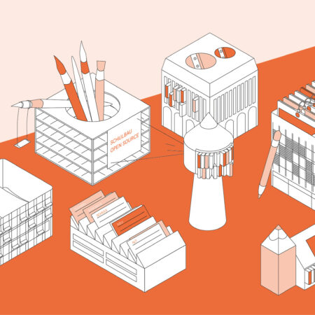 Grafik mit Häusern und Büromaterial