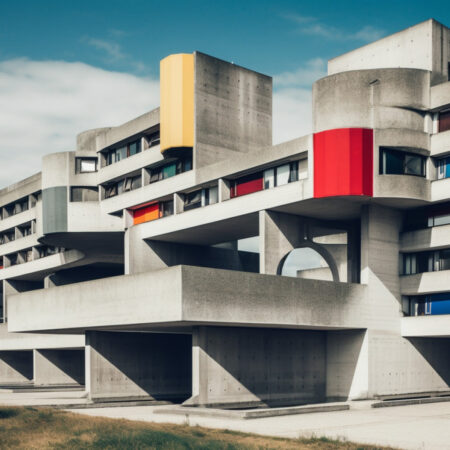 KI generiertes Gebäude im Stil Le Corbusiers mit Beton und Fraben